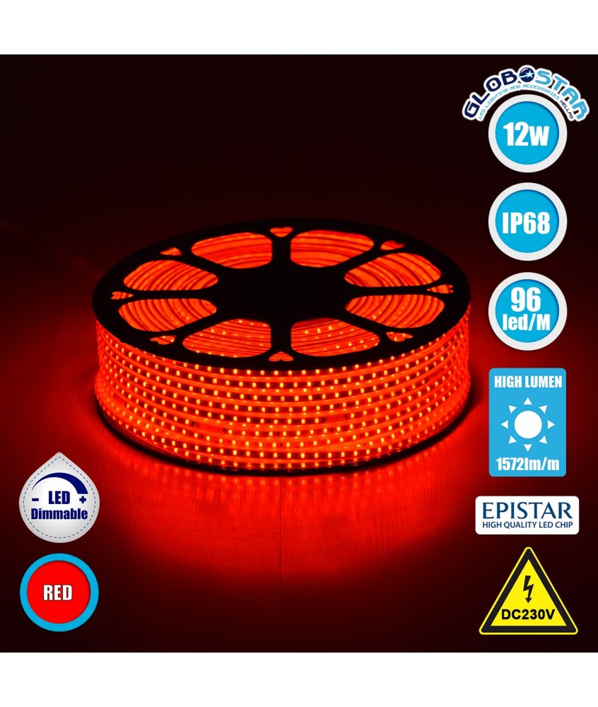 GLOBOSTAR® EPISLIM 70504 Ταινία LED 12W-m 780lm-m 120° DC 220-240V Αδιάβροχη IP65 96 x SMD2835 Chip-m Κόκκινο Dimmable - Epistar SMD Chip - Μ100 x Π1 x Υ0.5cm - 3 Χρόνια Εγγύηση